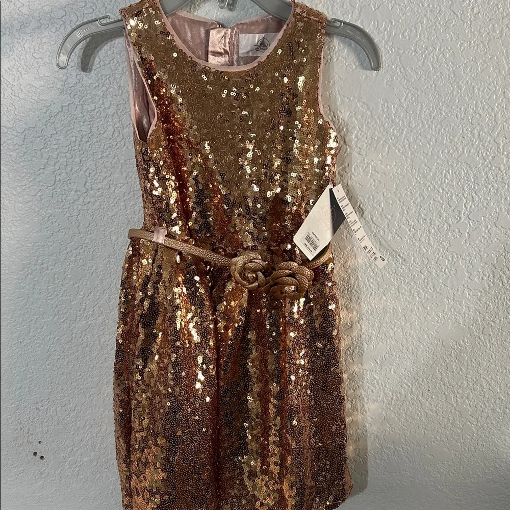 DISNEY Belle Sequin‎ Gold Rose Gold Sleeveless Party A-Line Girl's Dress 5/6 NWT